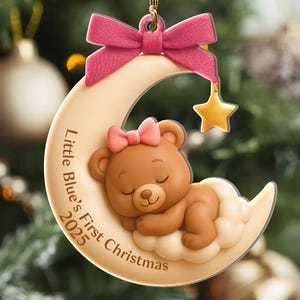 Personalized Baby&#39;s First Christmas Ornament, Baby Bear Ornament, Celestial Newborn Ornament, 1st Xmas Keepsake, Acrylic or Wood Ornament