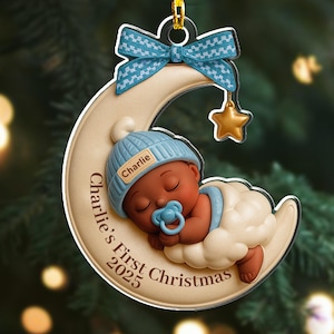 Personalized Baby&#39;s First Christmas Ornament, Celestial-themed Baby Gift, Choose Skin Tone, Acrylic or Wood Ornament, Moon Star Cloud Design