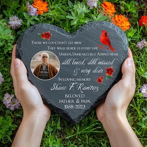 Peut inclure: Une pierre tombale en forme de cœur, tenue par des mains, entourée de fleurs. La pierre porte une photo, un cardinal rouge et le texte : "Ceux que nous aimons ne s'en vont pas... In Loving Memory Shane F. Ramirez, Beloved Father & Papa 1958-2023."