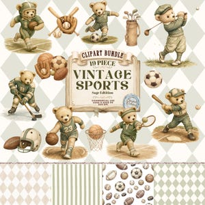Op de afbeelding: Een digitaal clipart-pakket met teddyberen in vintage-stijl die verschillende sporten beoefenen, waaronder football, voetbal, golf, hockey en honkbal, met sportuitrusting en een centraal bord met de tekst CLIPART BUNDLE 19 PIECE VINTAGE SPORTS Sage Edition.