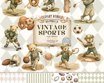 Sportliches Kinderzimmer-Clipart-Paket, Salbeigrüne Babyparty, Sportgeburtstag, Jungen-Kinderzimmerdekoration (Digitaler Download)