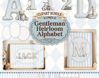 Gentleman's Heirloom Alphabet, Aquarell-Clipart-Bundle, Vintage-Kinderzimmerdeko (Digitaler Download)