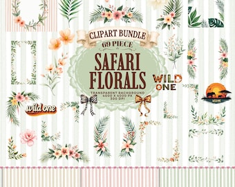 Safari-Clipart-Paket, Blumenmotive und individueller Text, Safari-Geburtstag, Dekorationen für den „Wilden Eins“-Geburtstag (Digitaler Download)