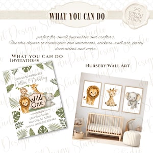 May include: A digital design template featuring a birthday invitation with jungle animals and the text Wild One, alongside a nursery wall art display showing a lion, giraffe, and elephant in frames above a wooden crib in a room setting.