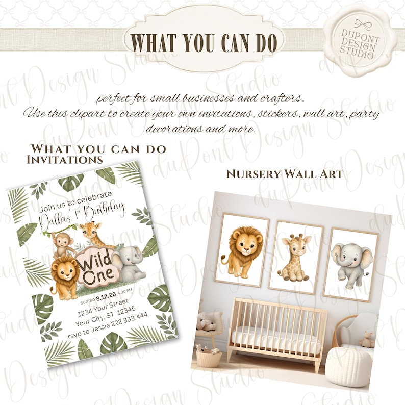 May include: A digital design template featuring a birthday invitation with jungle animals and the text Wild One, alongside a nursery wall art display showing a lion, giraffe, and elephant in frames above a wooden crib in a room setting.