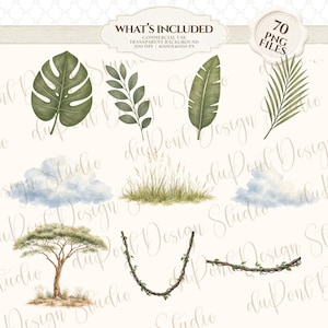 May include: A digital collection of 70 PNG files featuring watercolor illustrations of tropical leaves, including monstera and palm, clouds, tall grasses, an acacia tree, and hanging vines. The text reads WHAT'S INCLUDED, 70 PNG FILES, 300 DPI, 4000X4000 PX.
