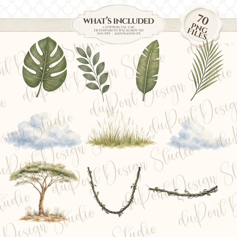 May include: A digital collection of 70 PNG files featuring watercolor illustrations of tropical leaves, including monstera and palm, clouds, tall grasses, an acacia tree, and hanging vines. The text reads WHAT'S INCLUDED, 70 PNG FILES, 300 DPI, 4000X4000 PX.