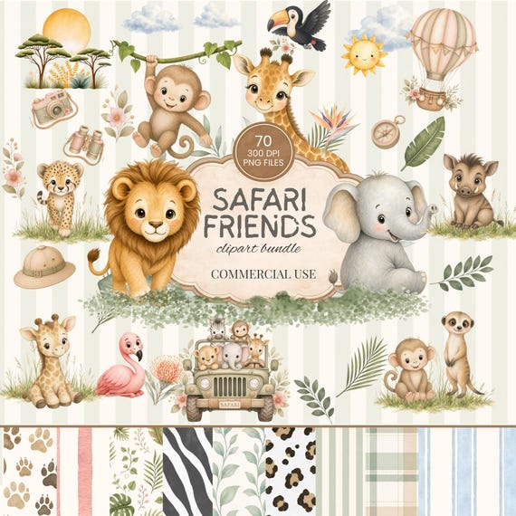Safari Animals Clipart Bundle, Safari Birthday, Wild One Birthday Decorations (Digital Download)