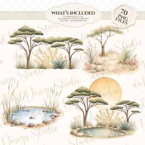 May include: A digital collection of watercolor-style illustrations featuring savanna landscapes with acacia trees, tall grasses, rocky terrain, and small ponds. The text reads WHAT'S INCLUDED, COMMERCIAL USE, TRANSPARENT BACKGROUND, 300 DPI, 4000X4000 PX, 70 PNG FILES.