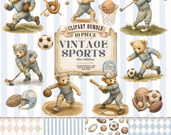 Sportliches Kinderzimmer-Clipart-Paket, Blaue Babyparty, Sportgeburtstag, Jungen-Kinderzimmerdekoration (Digitaler Download)