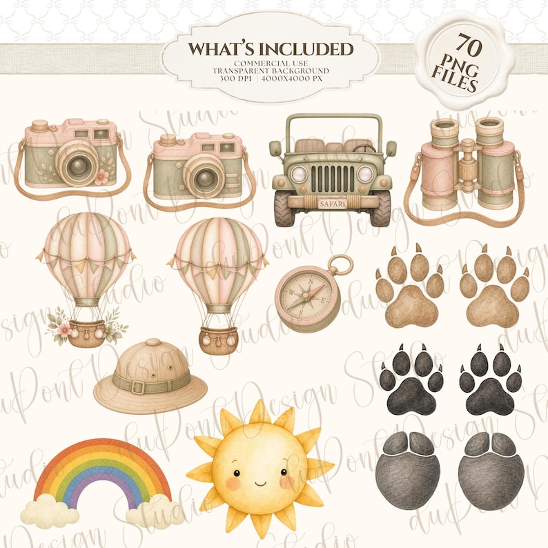 May include: A digital collection of safari-themed illustrations including two vintage cameras, an off-road vehicle, binoculars, two hot air balloons, a compass, a pith helmet, a rainbow, a sun, and various animal paw prints in brown and black.