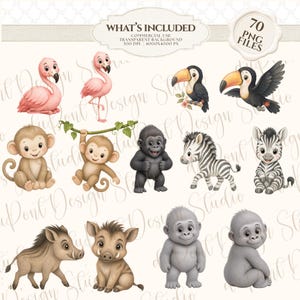 May include: A collection of 70 digital illustrations featuring cartoon animals including pink flamingos, toucans, monkeys, gorillas, zebras, and wild boars. The set includes various poses of these creatures with transparent backgrounds, 300 DPI, and 4000x4000 px dimensions as indicated by the included text.