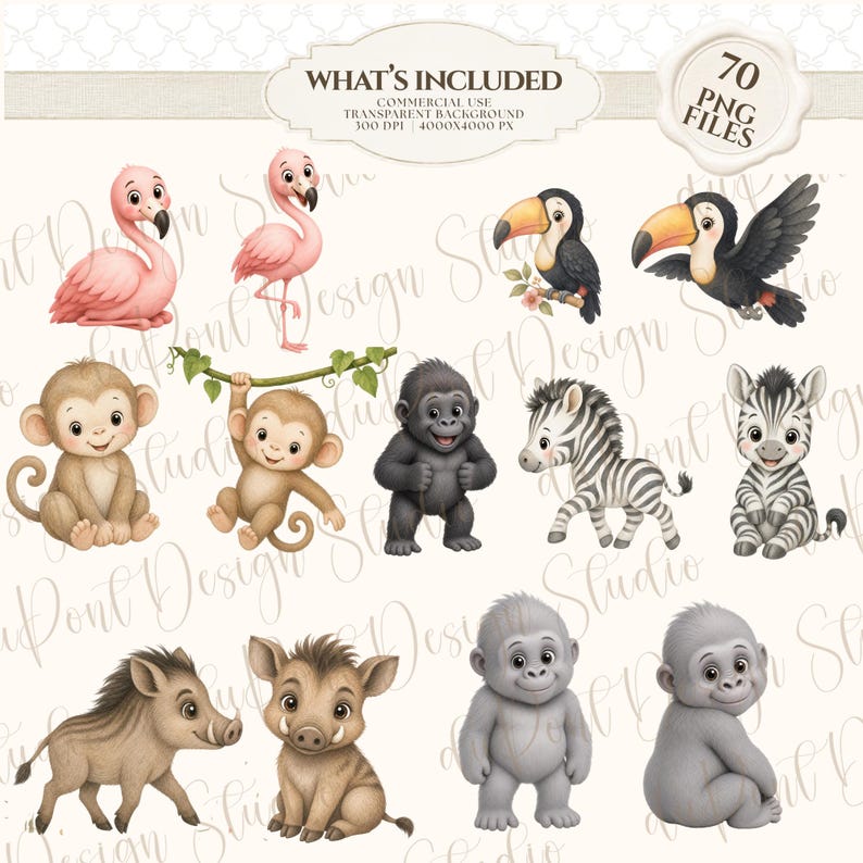 May include: A collection of 70 digital illustrations featuring cartoon animals including pink flamingos, toucans, monkeys, gorillas, zebras, and wild boars. The set includes various poses of these creatures with transparent backgrounds, 300 DPI, and 4000x4000 px dimensions as indicated by the included text.