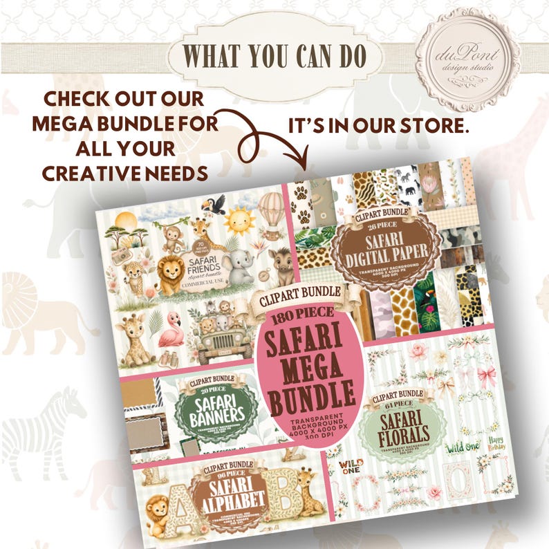 May include: A digital graphic design bundle featuring safari-themed illustrations, including animals like lions, giraffes, and elephants, alongside floral patterns, banners, and alphabet letters. The text reads Safari Mega Bundle, 180 Piece.