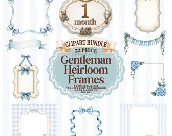 Gentleman's Heirloom Watercolor Clipart Bundle, Floral Borders and Frames Vintage Nursery Decor (Digital Download)