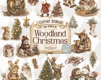 Weihnachts-Aquarell-Clipart-Paket „Waldtiere“: Tiere, Waldmotive (Digitaler Download)