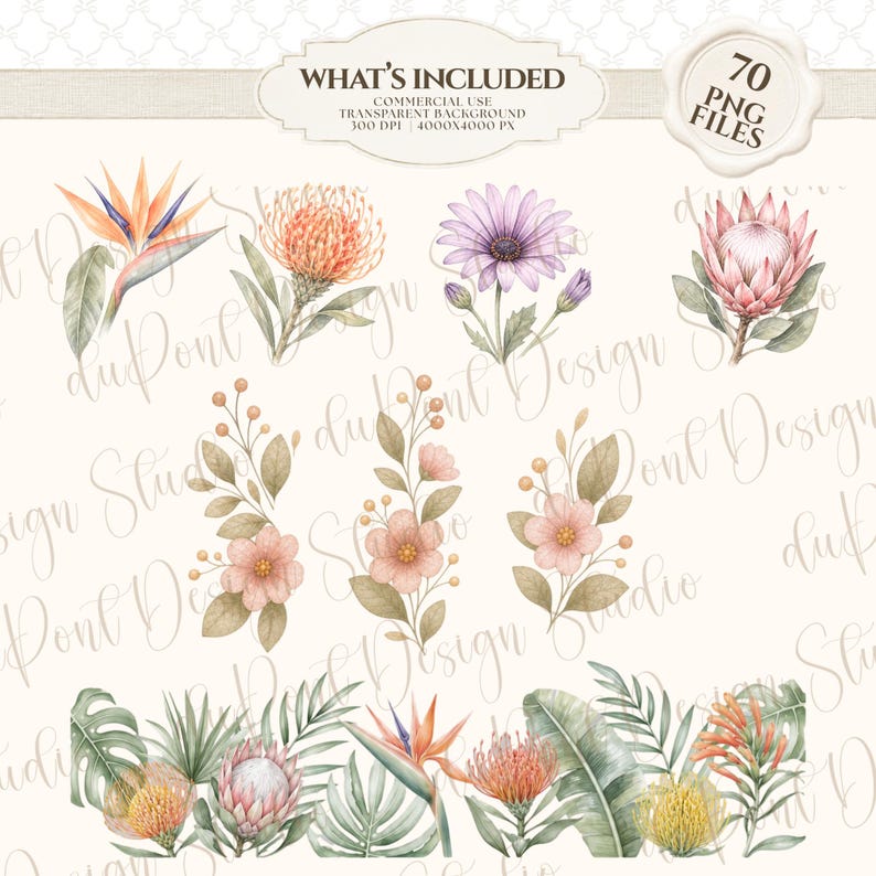 May include: A digital collection of 70 PNG files featuring watercolor illustrations of tropical flowers and foliage, including bird of paradise, protea, and daisy blossoms, with text stating WHAT'S INCLUDED, 300 DPI, and 4000x4000 PX.