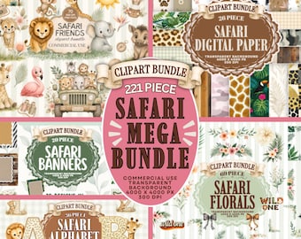 Mega-Clipart-Paket mit Safari-Tieren, Safari-Geburtstag, Wild One Geburtstagsdekorationen, 216 Teile (Digitaler Download)