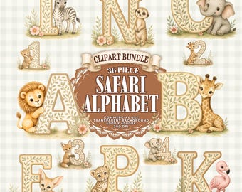 Safari-Buchstaben und -Zahlen, ABC-Cliparts, digitaler Download
