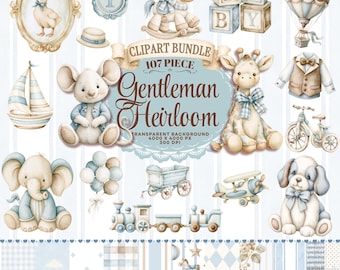 Gentleman's Heirloom Watercolor Clipart Bundle, Vintage Nursery Decor (Digital Download)