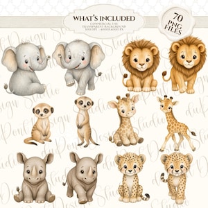 May include: A digital collection of 70 PNG files featuring watercolor-style illustrations of baby animals including elephants, lions, meerkats, giraffes, rhinos, and cheetahs. The text reads WHAT'S INCLUDED, COMMERCIAL USE, TRANSPARENT BACKGROUND, 300 DPI, 4000X4000 PX, 70 PNG FILES.