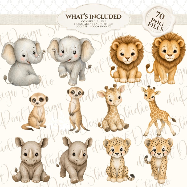 May include: A digital collection of 70 PNG files featuring watercolor-style illustrations of baby animals including elephants, lions, meerkats, giraffes, rhinos, and cheetahs. The text reads WHAT'S INCLUDED, COMMERCIAL USE, TRANSPARENT BACKGROUND, 300 DPI, 4000X4000 PX, 70 PNG FILES.