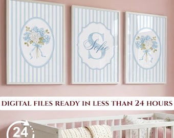 3er-Set blaue Blumen-Wandbilder, personalisierbar mit Initialen oder Namen, Hortensien-Motiv für Kinderzimmer oder Mädchenzimmer, digitaler Download