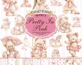 Pink Teddy Bear Clipart Bundle, Watercolor Baby Bear Illustrations (96 Files)