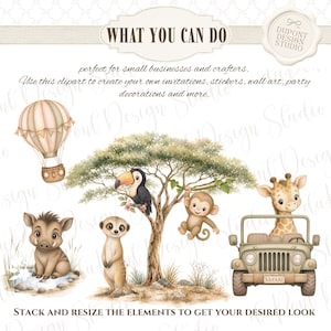May include: Digital clipart set featuring a watercolor hot air balloon, a warthog, a meerkat, a toucan on a tree, a monkey hanging from a branch, and a giraffe in a green safari jeep. Text includes WHAT YOU CAN DO and STACK AND RESIZE THE ELEMENTS.