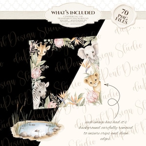 May include: A digital collection of 70 PNG files featuring watercolor illustrations of a giraffe, zebra, elephant, and lion cub surrounded by tropical flowers and greenery, plus a small pond illustration, all with transparent backgrounds.
