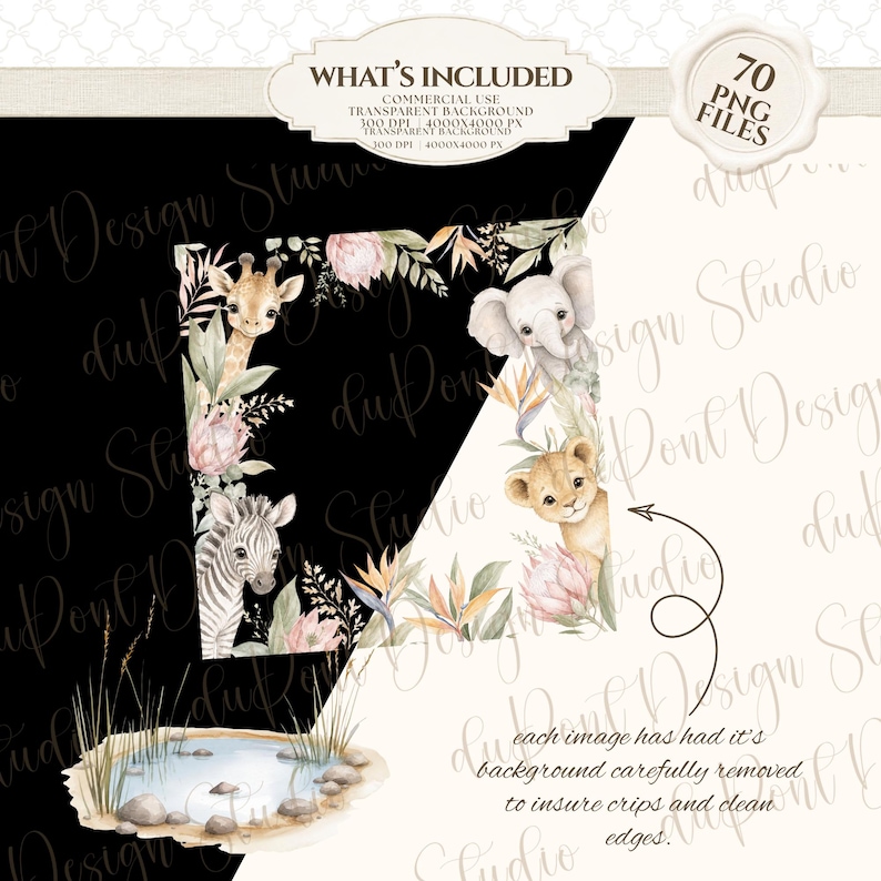 May include: A digital collection of 70 PNG files featuring watercolor illustrations of a giraffe, zebra, elephant, and lion cub surrounded by tropical flowers and greenery, plus a small pond illustration, all with transparent backgrounds.