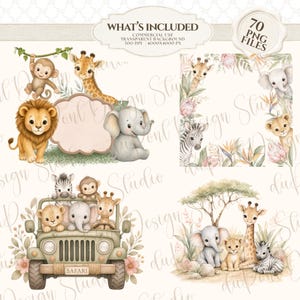 May include: A digital collection of 70 PNG files featuring watercolor illustrations of safari animals including a lion, monkey, giraffe, elephant, and zebra. The images show animals in a jeep, in a floral frame, and in natural settings.