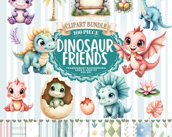 Aquarell-Dinosaurier-Clipart-Bundle, Babyzimmer-Dekoration, Partygrafiken (Digitaler Download)