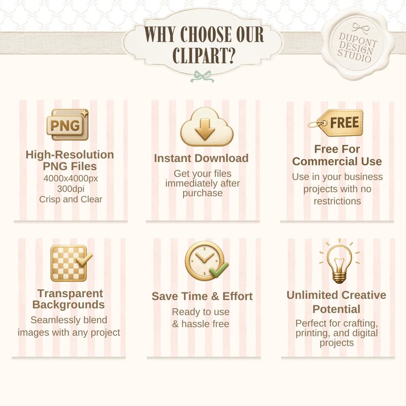 May include: An informational graphic titled Why Choose Our Clipart? featuring six icons with text descriptions: High-Resolution PNG Files 4000x4000px 300dpi, Instant Download, Free For Commercial Use, Transparent Backgrounds, Save Time & Effort, and Unlimited Creative Potential.