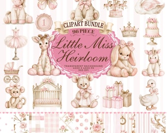 Little Miss Heirloom Clipart Bundle,  Pink Watercolor PNG for Baby Shower, Birthday, Nursery Decor (Digital Download)