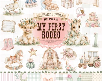 Aquarell-Clipart-Paket „Erstes Rodeo“: Tierbabys, Western-Elemente (Digitaler Download)