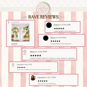 May include: A digital graphic display titled RAVE REVIEWS featuring five customer testimonials with five-star ratings. The layout includes a small preview image of jungle-themed party decor and text reviews from various buyers dated 2025 and 2026.