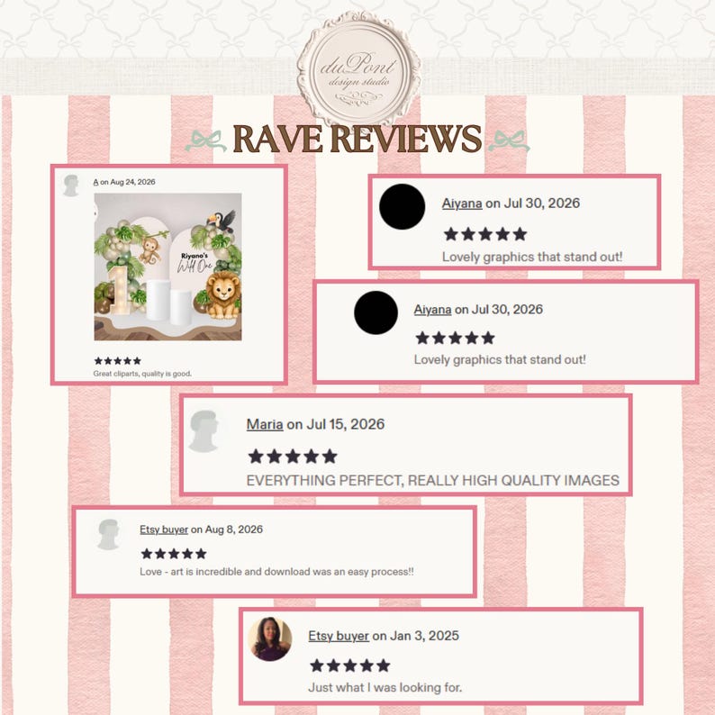 May include: A digital graphic display titled RAVE REVIEWS featuring five customer testimonials with five-star ratings. The layout includes a small preview image of jungle-themed party decor and text reviews from various buyers dated 2025 and 2026.