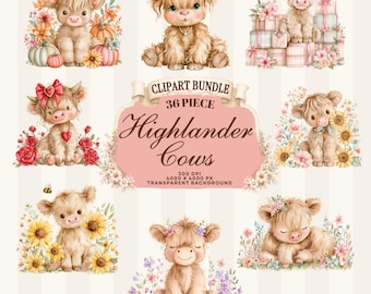 Hochlandrind-Aquarell-Clipart-Paket, 36 saisonale PNG-Bilder (Digitaler Download)