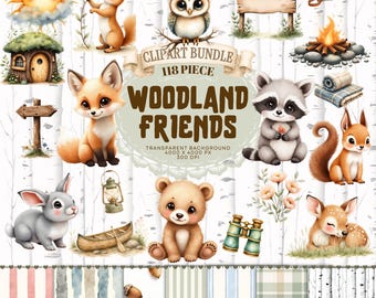 Woodland Friends Watercolor Clipart Bundle: Animals, Forest Accents (Digital Download)
