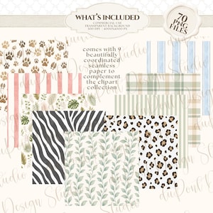 May include: A digital collection of 70 PNG files featuring seamless patterns including animal prints like zebra and leopard, botanical leaf designs, plaid, and stripes in shades of green, pink, blue, and brown, with text stating what is included.