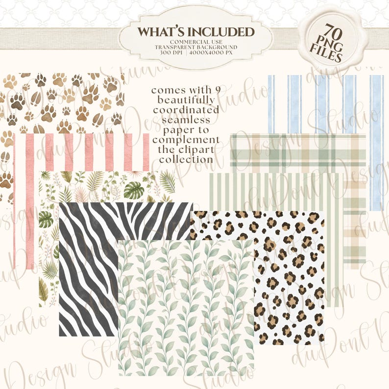 May include: A digital collection of 70 PNG files featuring seamless patterns including animal prints like zebra and leopard, botanical leaf designs, plaid, and stripes in shades of green, pink, blue, and brown, with text stating what is included.