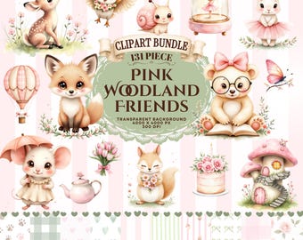 Pink Woodland Friends Clipart Bundle, Watercolor Animals & Florals (Digital Download)