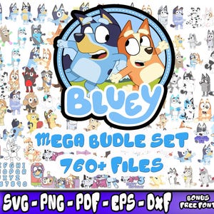 Paquete de dibujos animados azules, archivos de corte, Cricut, silueta, cumpleaños SVG, Bluey PNG, Bluey Bingo, diseño infantil, Bluey SVG, dibujos animados SVG, familia Bluey
