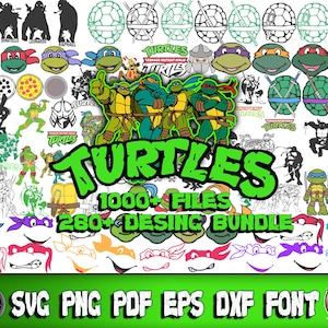 Paquete de tortugas SVG, PNG, DXF y EPS, archivos de corte, Cricut, silueta, cumpleaños, Tortugas Ninja, fuente Ninja, máscara SVG
