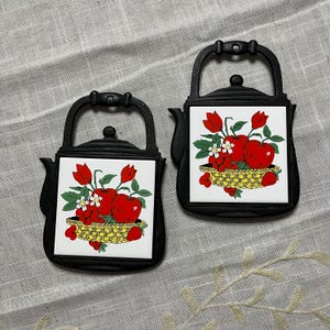 Vintage 1970s Cast Iron and Ceramic Tile Kitchen Trivets, Kitschy Apples and Strawberries Design, Cottagecore Decor