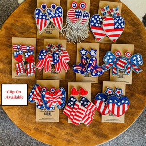4th of July Earrings, Patriotic Earrings, Fourth of July Holiday Earrings, USA Flag Stars & Stripes Hearts Bows Butterflies Rhinestone Studs