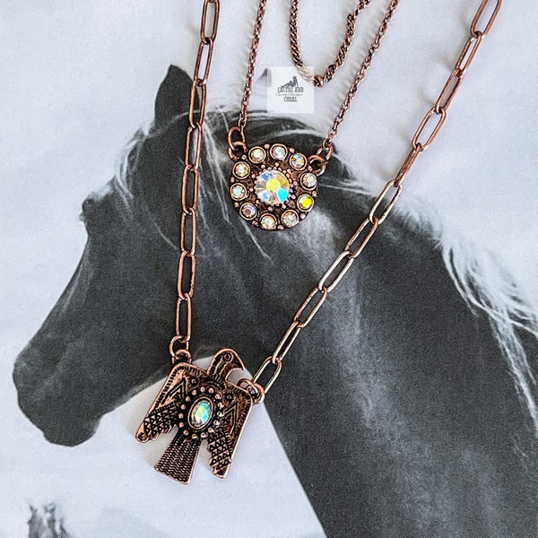 Copper and Rhinestone Triple Layer Thunderbird Flower Necklace, Western Jewelry, Western Necklace, Bird Necklace, Southwestern Jewelry