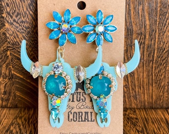 Turquoise Rhinestone Earrings, Western Jewelry, Western Earrings, Southwestern Jewelry, Sunflower Earrings, Longhorn Steer Head Cow Earrings