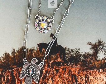 Silver and Rhinestone Triple Layer Thunderbird Flower Necklace, Western Jewelry, Western Necklace, Bird Necklace, Southwestern Jewelry